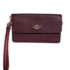 Coach Leather Fold-over Wristlet Clutch Raspberry/Metallic Wine NWOT